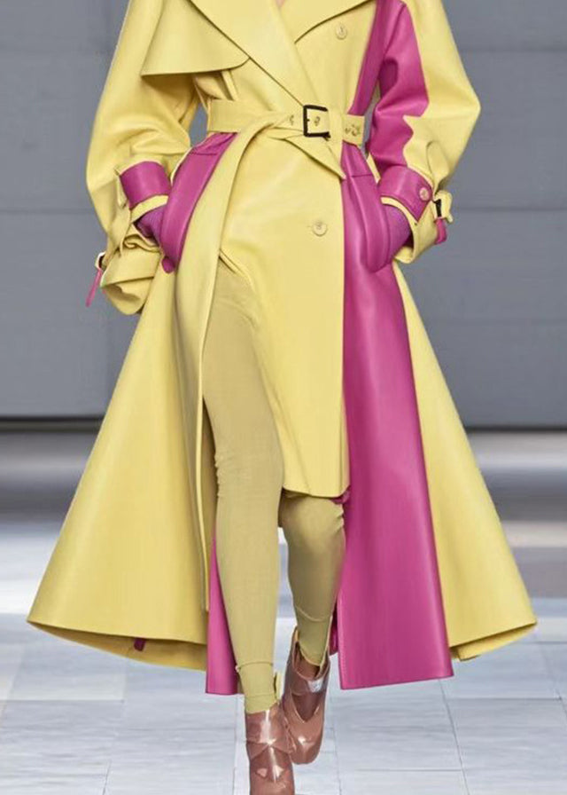 Silm Fit Yellow Asymmetrical Patchwork Faux Leather Trench Coats Fall