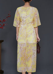 Silm Fit Yellow Print Side Open Chiffon Holiday Dresses Summer