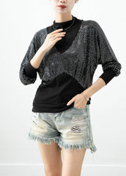 Silvery Zircon Patchwork Cotton Fake Two Piece Shirts High Neck Fall