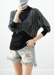 Silvery Zircon Patchwork Cotton Fake Two Piece Shirts High Neck Fall