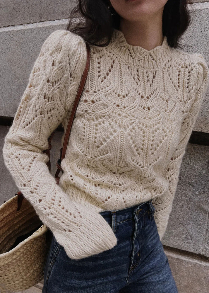 Simple Apricot Hollow Out Patchwork Knit Sweaters Fall