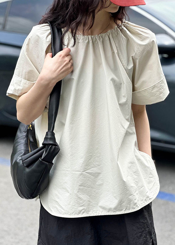 Simple Apricot O Neck Side Open Cotton T Shirt Summer