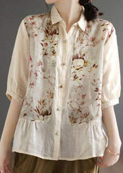 Simple Apricot Peter Pan Collar Print Linen Blouse Top Summer