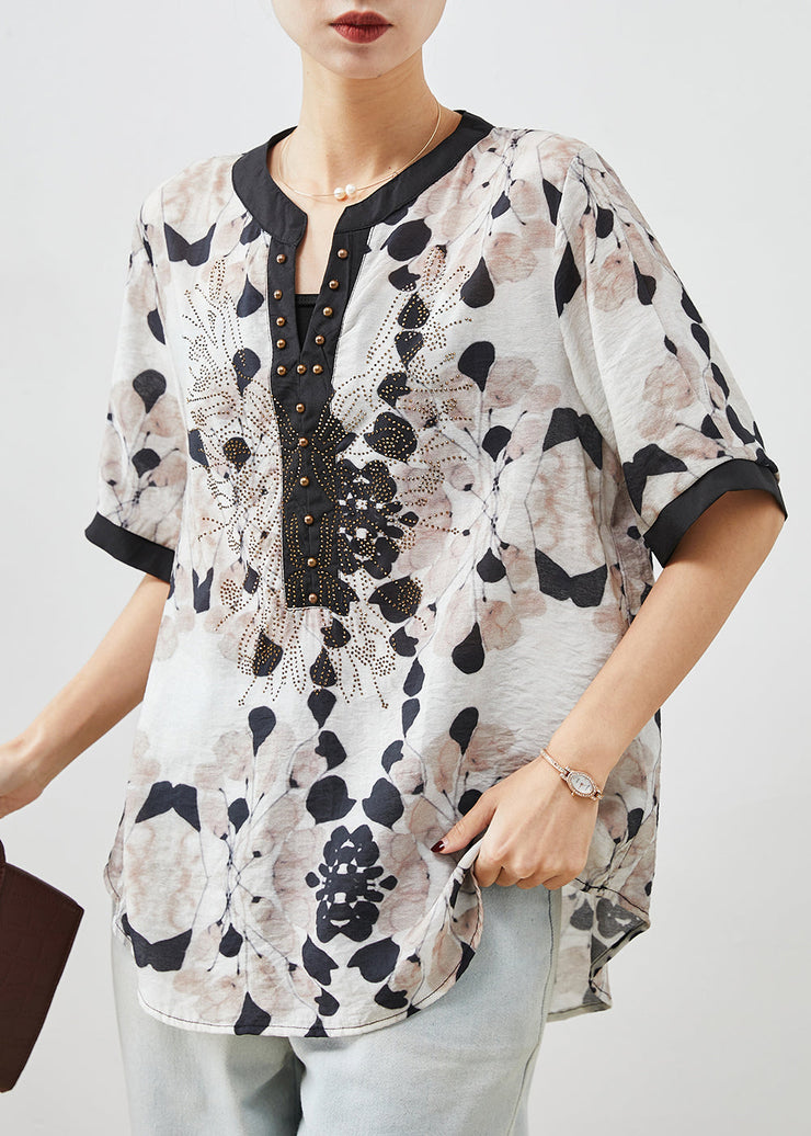 Simple Apricot Print Rivet Cotton Shirt Top Summer