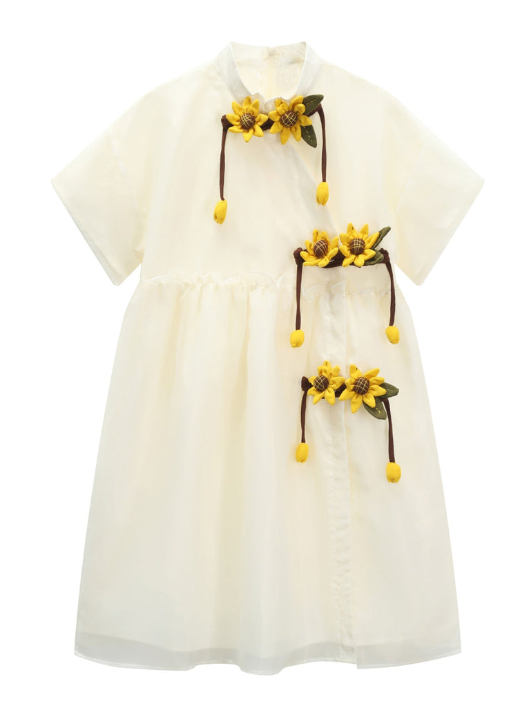 Simple Apricot Stand Collar Daisy Embroideried Floral Wrinkled Organza Patchwork Cotton Dresses Short Sleeve