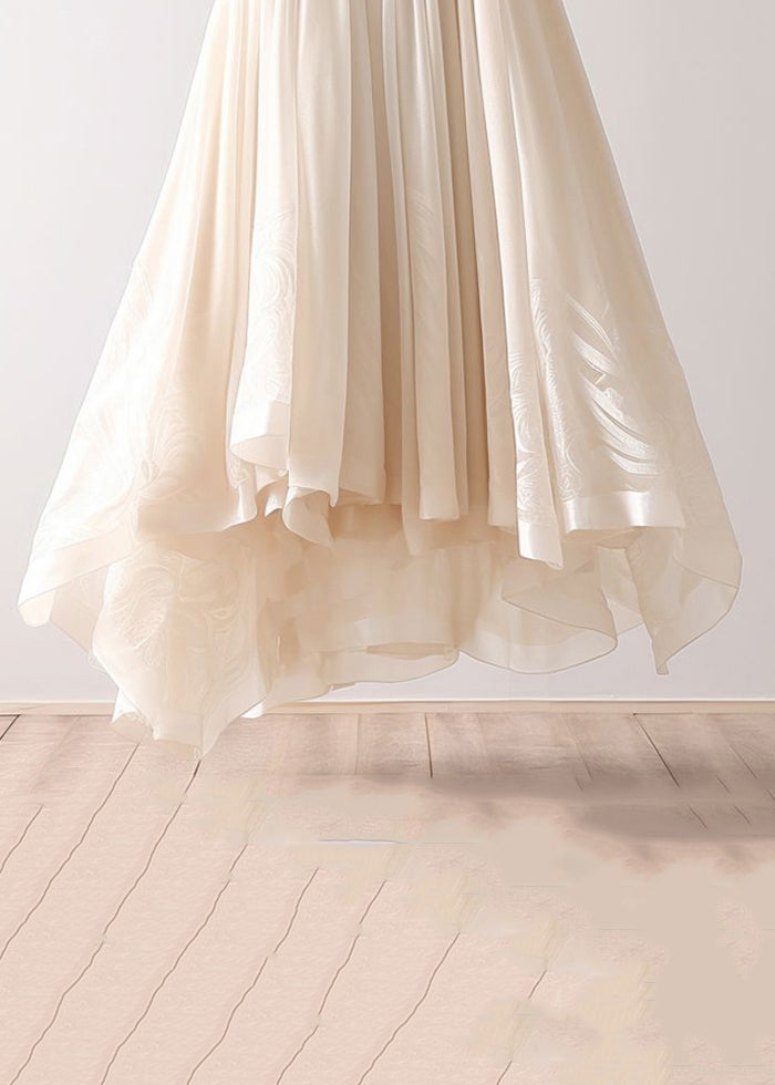 Simple Beige Asymmetrical Wrinkled Elastic Waist Chiffon Skirt Summer