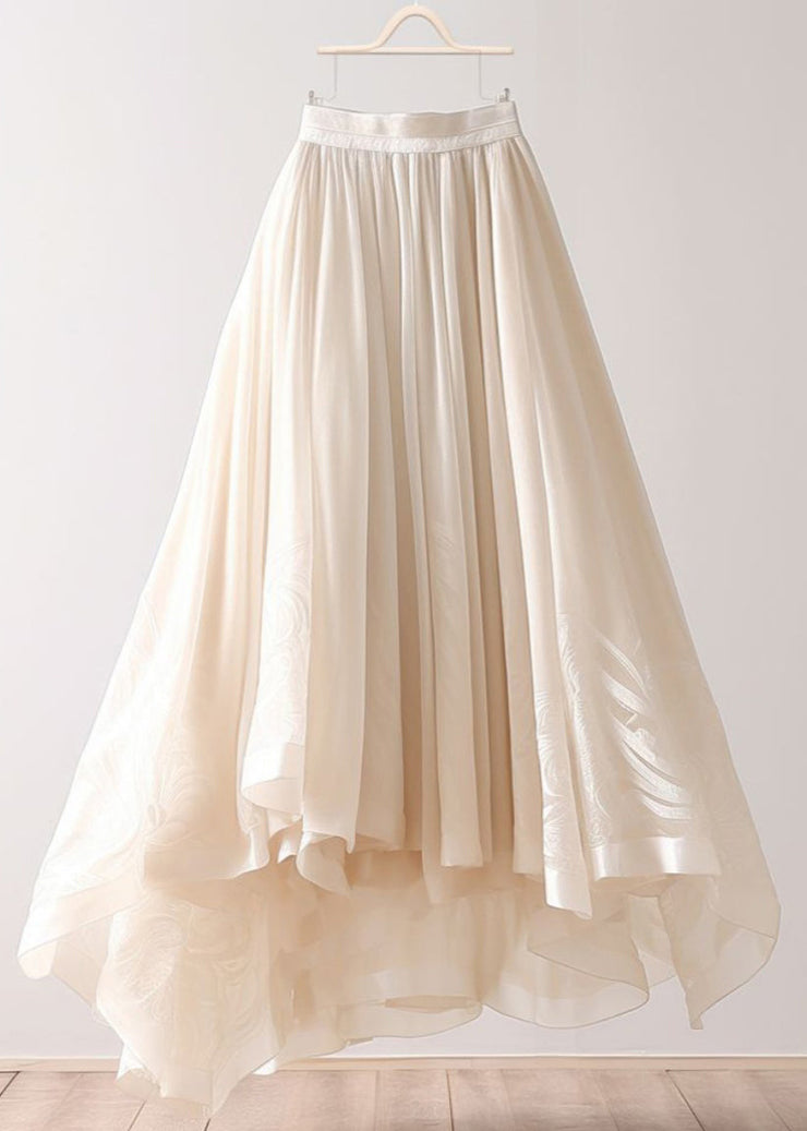 Simple Beige Asymmetrical Wrinkled Elastic Waist Chiffon Skirt Summer