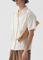 Simple Beige Button Solid Mens Shirts Short Sleeve