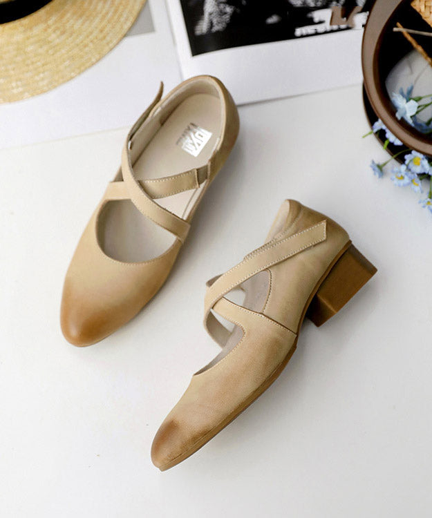 Simple Beige Cowhide Leather Cross Strap High Heels