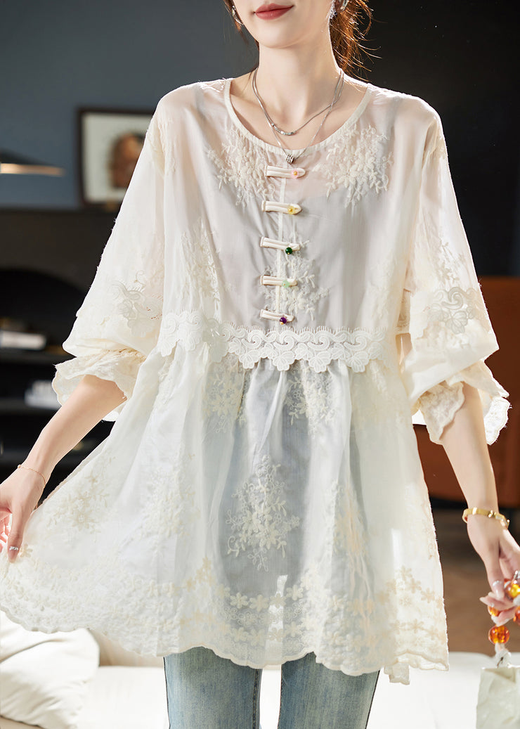 Simple Beige O-Neck Embroidered Button Shirts Fall