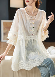 Simple Beige O-Neck Embroidered Button Shirts Fall