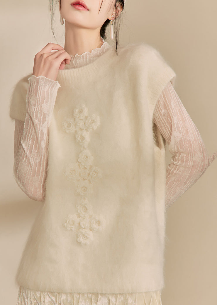 Simple Beige O-Neck Floral Cozy Cotton Knit Waistcoat Winter