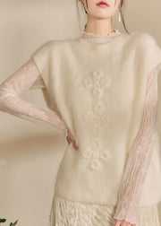 Simple Beige O-Neck Floral Cozy Cotton Knit Waistcoat Winter