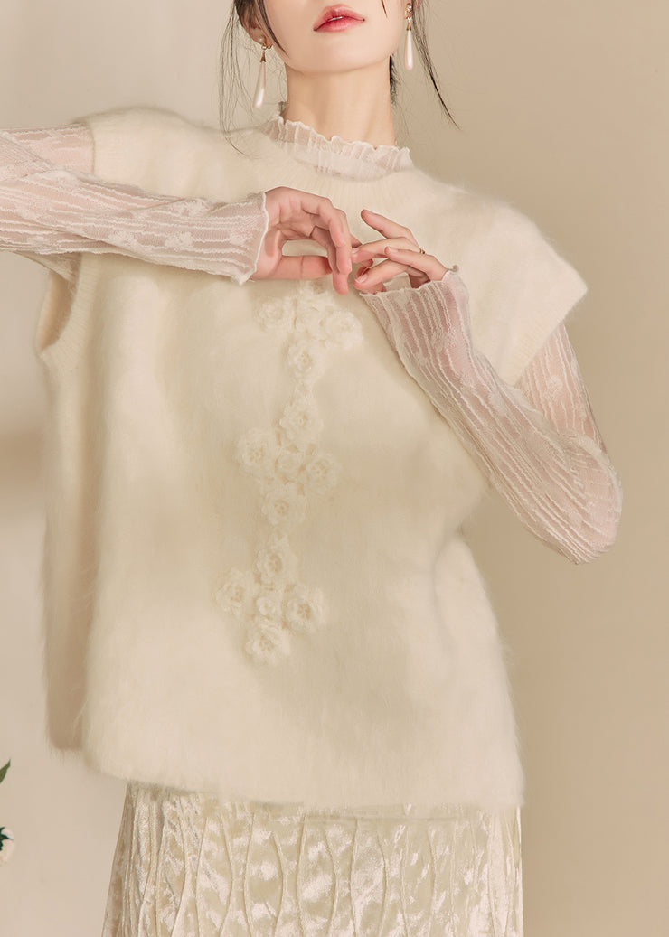 Simple Beige O-Neck Floral Cozy Cotton Knit Waistcoat Winter