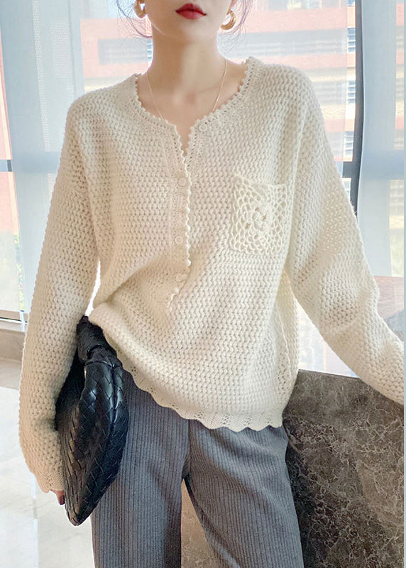 Simple Beige O Neck Hollow Out Button Patchwork Knit Top Fall