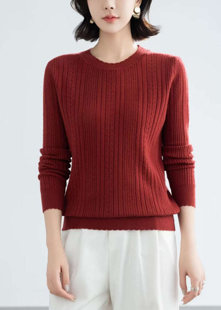 Simple Beige O Neck Hollow Out Knit Sweater Fall