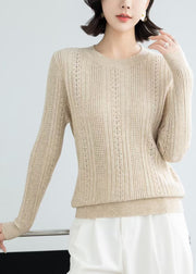 Simple Beige O Neck Hollow Out Knit Sweater Fall