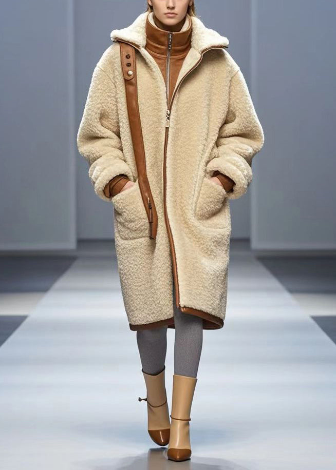 Simple Beige Oversized Fuzzy Fur Fluffy Trench Winter