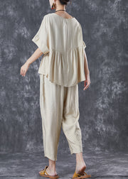 Simple Beige Oversized Wrinkled Cotton Two Pieces Set Summer