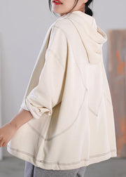 Simple Beige Patchwork Drawstring Button Pockets Hooded Sweatshirts Long Sleeve