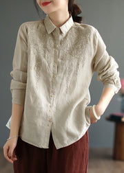 Simple Beige Peter Pan Collar Embroideried Linen Shirts Spring