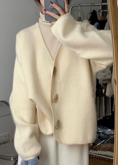 Simple Beige V Neck Button  Knitting Cotton Coats Fall