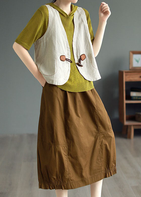 Simple Beige V Neck Button Patchwork Linen Vest Tops Sleeveless