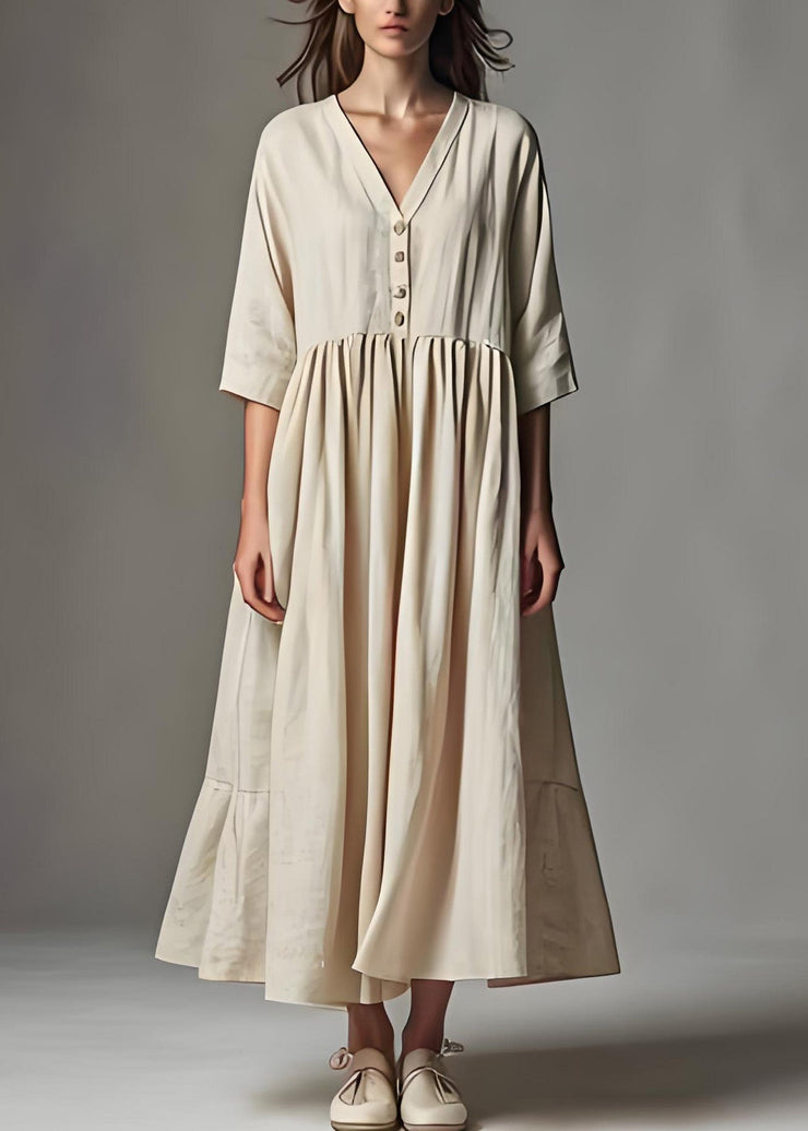 Simple Beige V Neck Wrinkled Patchwork Linen Dress Summer