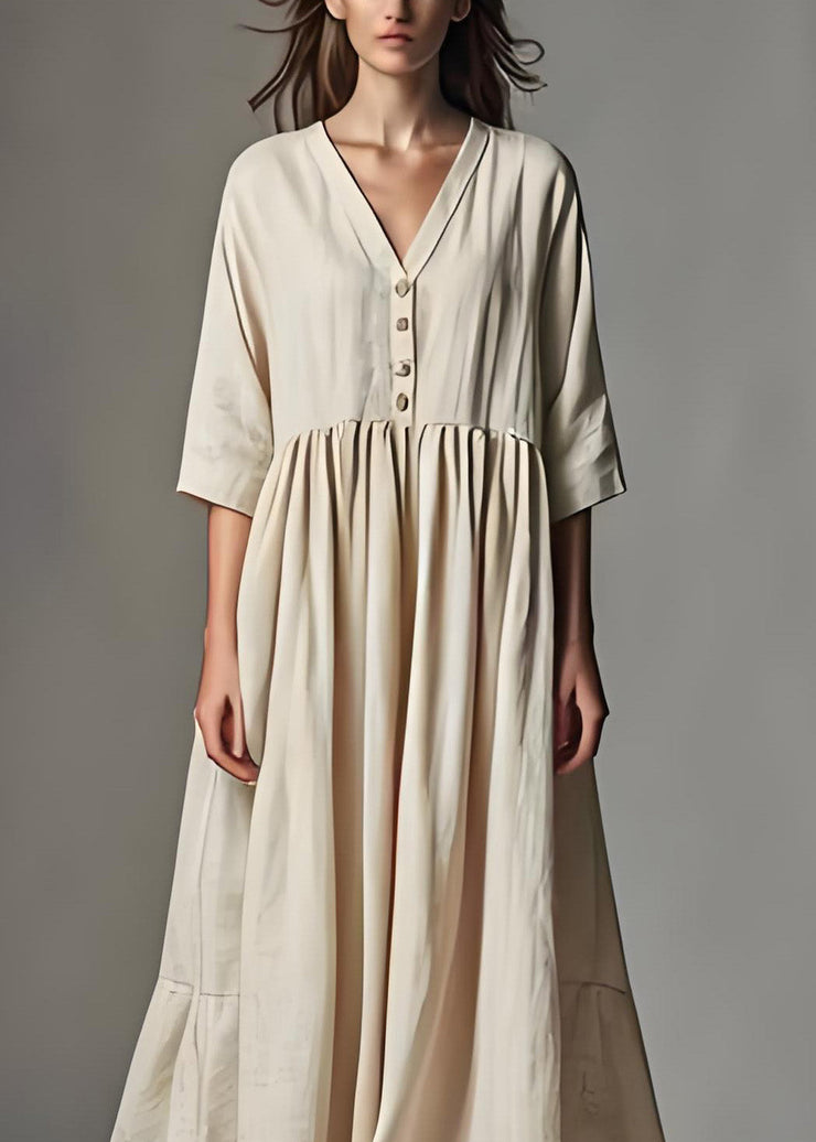 Simple Beige V Neck Wrinkled Patchwork Linen Dress Summer