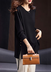 Simple Black  Zircon Side Open Cotton T Shirt Spring