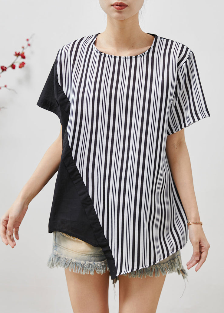 Simple Black Asymmetrical Patchwork Striped Tank Summer