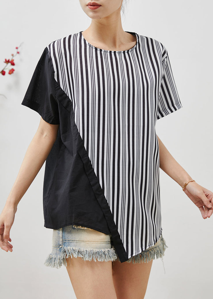 Simple Black Asymmetrical Patchwork Striped Tank Summer