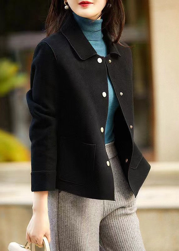 Simple Black Button Pockets Patchwork Woolen Coats Fall