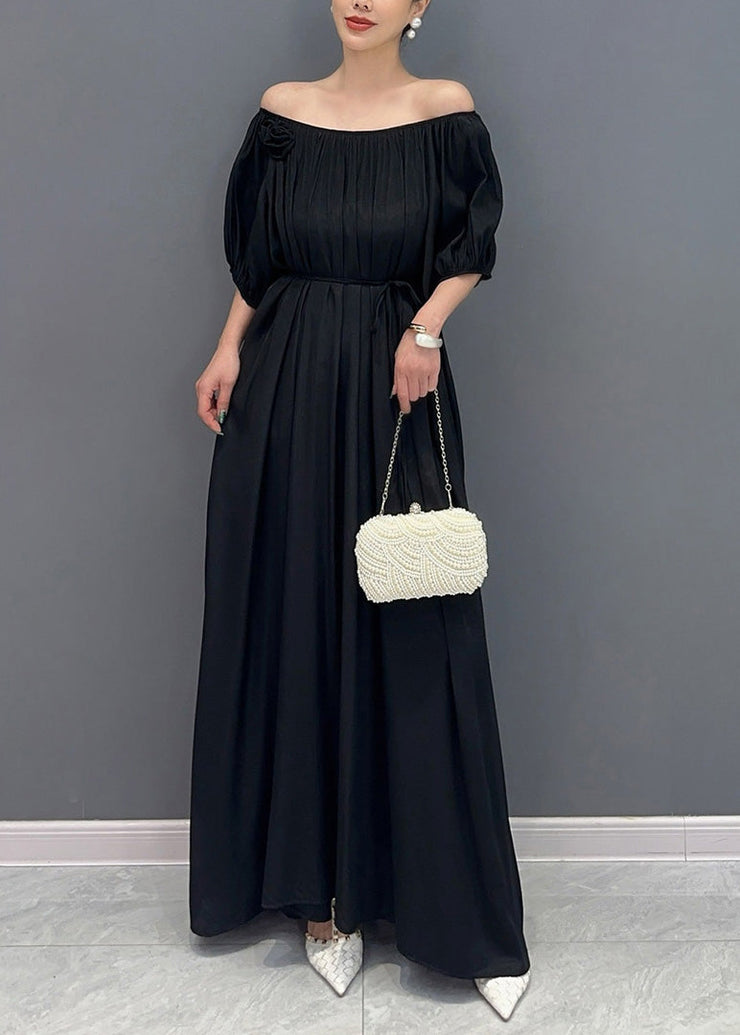 Simple Black Cold Shoulder Slash Neck Cotton Long Dress Summer