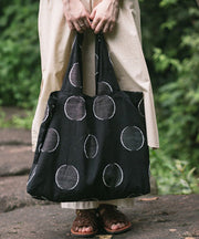 Simple Black Dot Embroideried Jacquard Linen Satchel Handbag