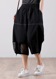 Simple Black Elastic Waist Pockets Patchwork Cotton Crop Pants Summer