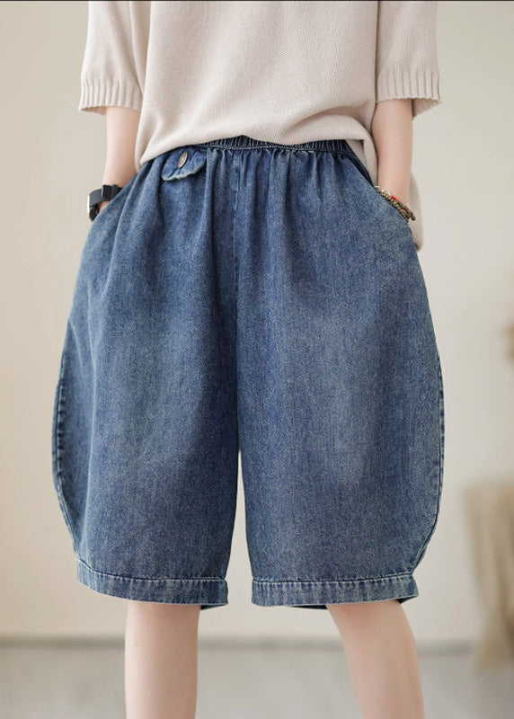 Simple Black Elastic Waist Pockets Solid Cotton Shorts Summer