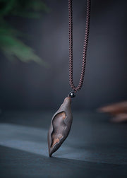 Simple Black Hand Knitting Sandalwood Leaf Pendant Necklace