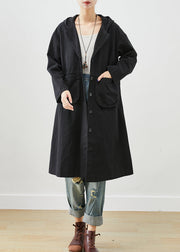 Simple Black Hooded Pockets Cotton Trench Fall