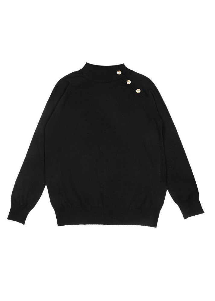 Simple Black O-Neck Button Knit Sweaters Long Sleeve