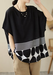 Simple Black O Neck Striped Print Patchwork Cotton T Shirt Top Summer