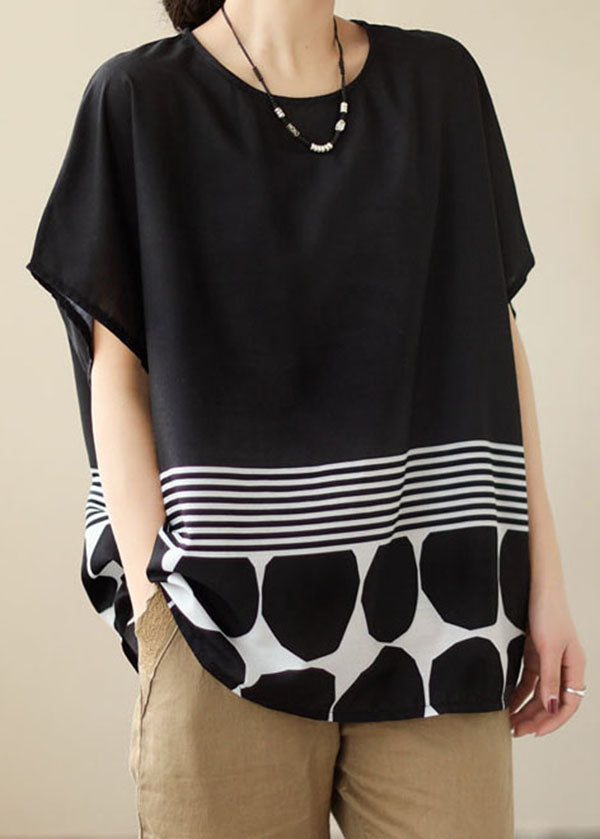 Simple Black O Neck Striped Print Patchwork Cotton T Shirt Top Summer