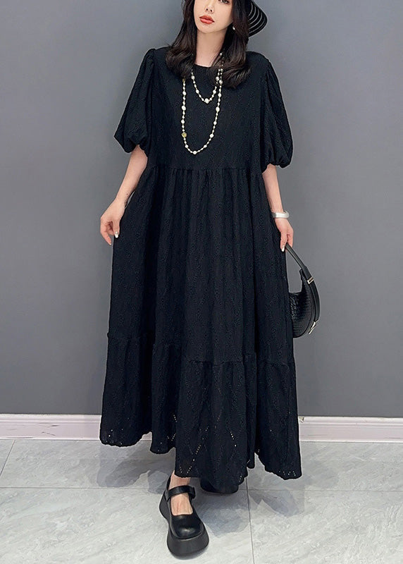 Simple Black O-Neck Wrinkled Elastic Waist Solid Long Dress Summer