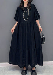 Simple Black O-Neck Wrinkled Elastic Waist Solid Long Dress Summer