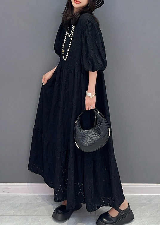 Simple Black O-Neck Wrinkled Elastic Waist Solid Long Dress Summer