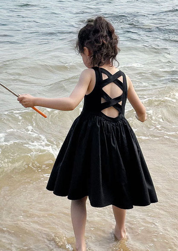 Simple Black O Neck Wrinkled Patchwork Cotton Baby Girls Dresses Sleeveless