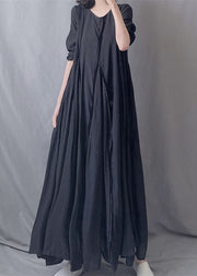 Simple Black O Neck Wrinkled Patchwork Cotton Exra Large Hem Long Dresses Fall