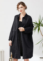 Simple Black Oversized Drawstring Pockets Cotton Trench Spring