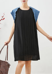 Simple Black Oversized Patchwork Pleated Dresses Summer