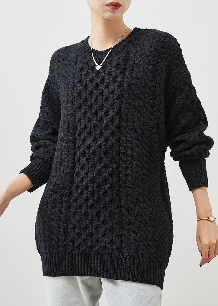 Simple Black Oversized Thick Cable Knit Sweater Tops Spring